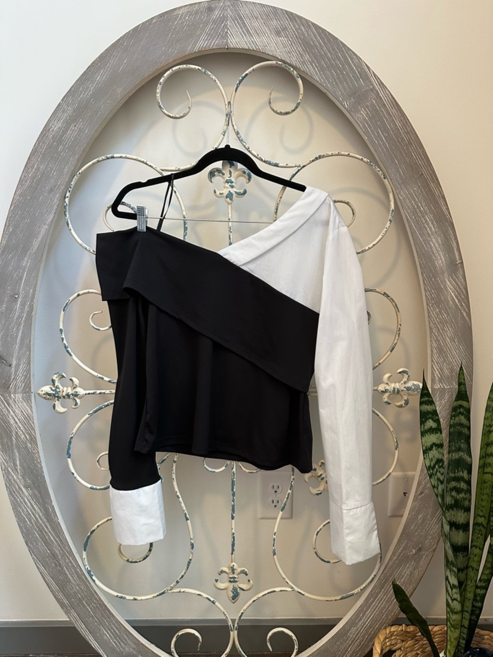 Women's Black and White One-Shoulder Blouse